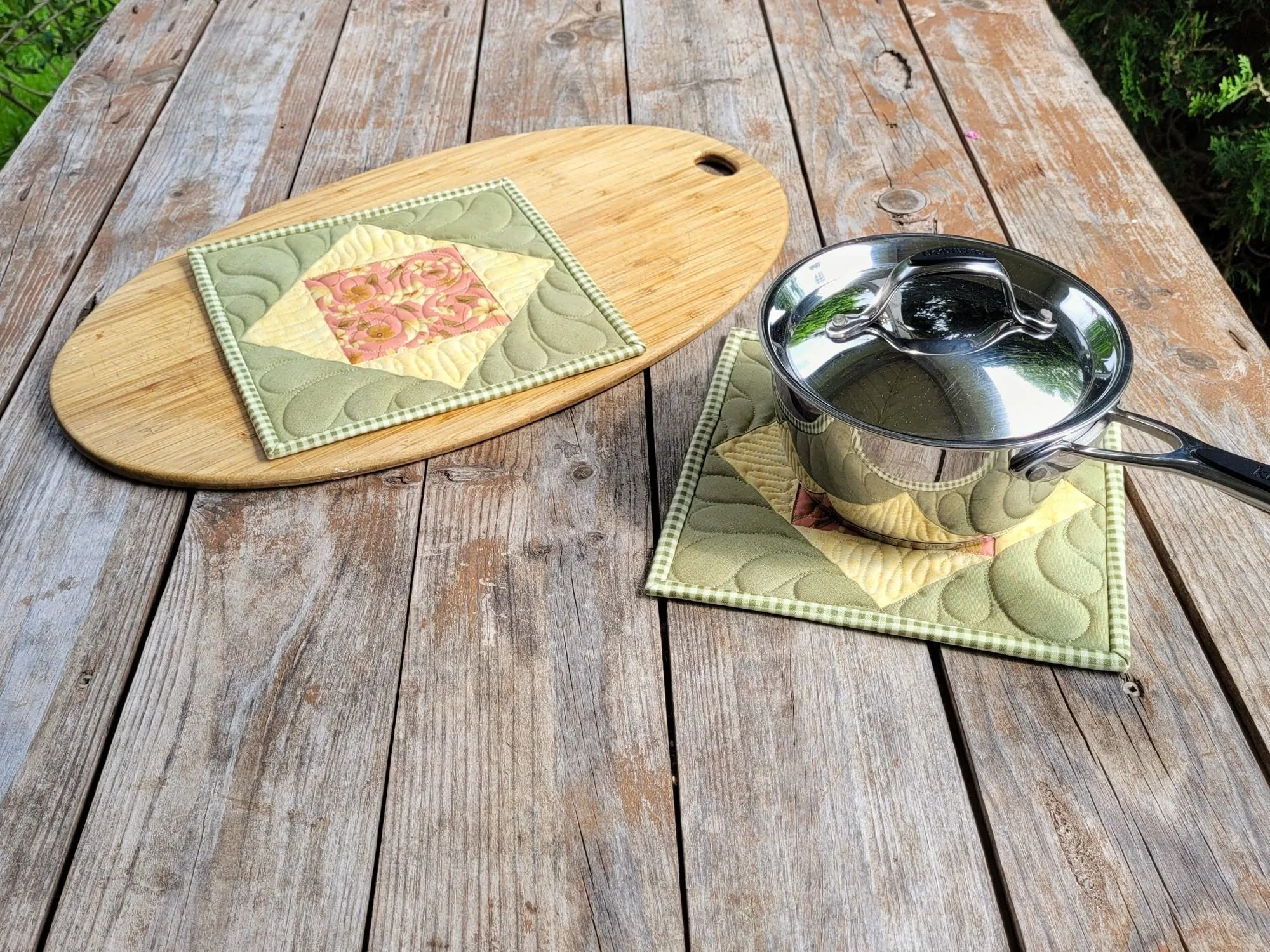 Quilted Potholders in Green and Yellow Floral Prints