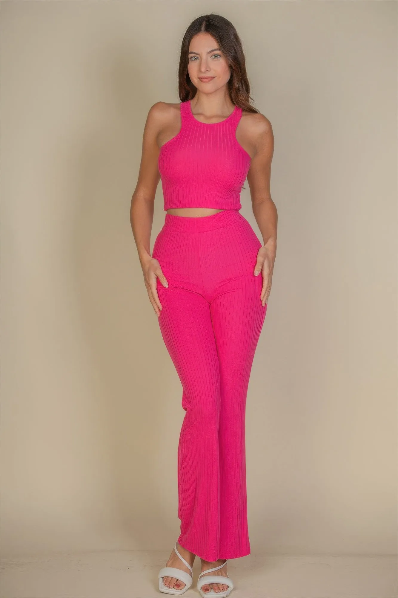 Ribbed Cropped Top And Bootcut Pants Sets