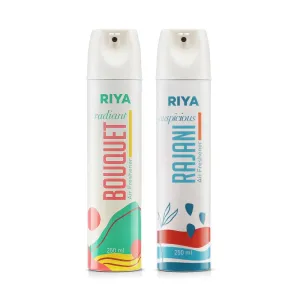 Riya Radiant Bouquet & Rajani Air Freshener Spray Combo (Pack Of 2, 250 ml each) | Odour Eliminating Room Freshener for Home & Office | Long-Lasting Fragrance | Germ-Free Formula For Clean Air