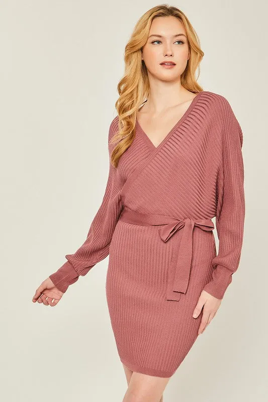 Rose Off Shoulder Wrap Belted Ribbed Knit Dress