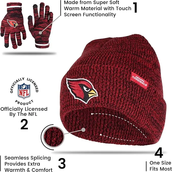 Ultra Game Adults Unisex NFL Official Super Soft Marl Knit Winter Beanie Knit Hat with Extra Warm Touch Screen Gloves|Arizona Cardinals