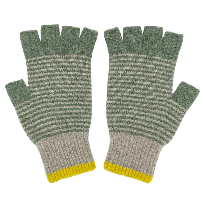 Unisex Fingerless Lambswool Gloves - Green and Soft Brown