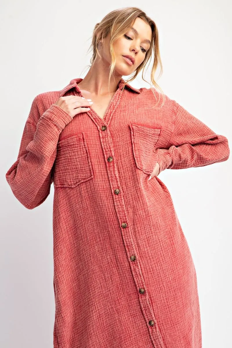 Washed Red Cotton Gauze Button Down Shirt Dress