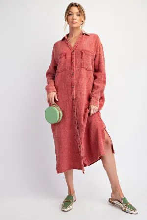 Washed Red Cotton Gauze Button Down Shirt Dress