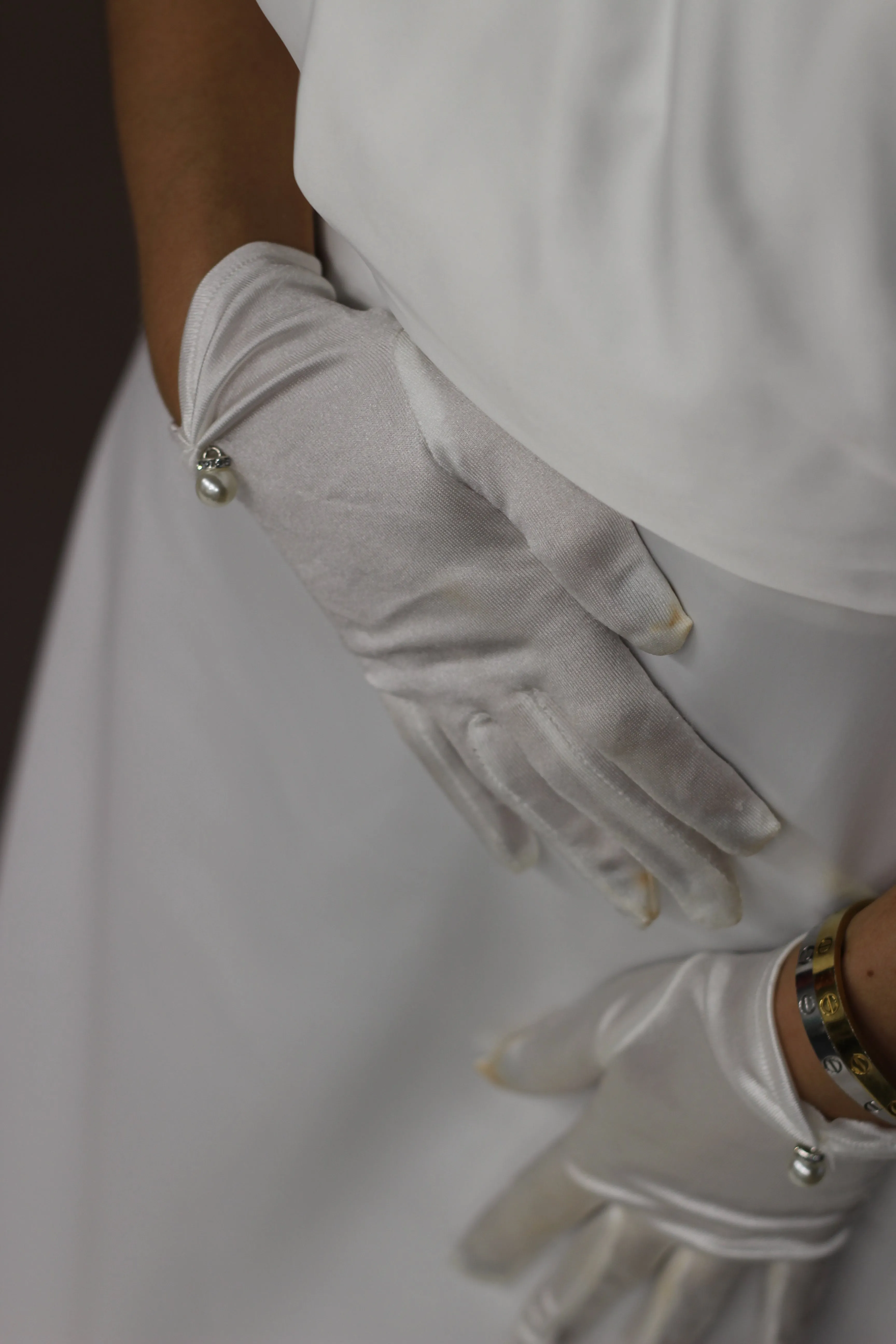 White Pearl Satin Bridal Gloves