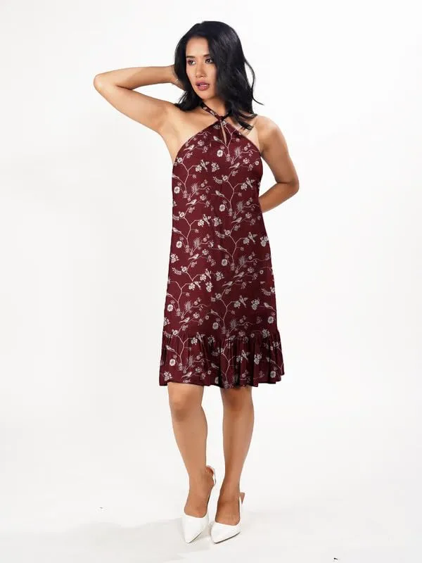 Zink London Women's Printed Tie Up Neck Short Dress Maroon