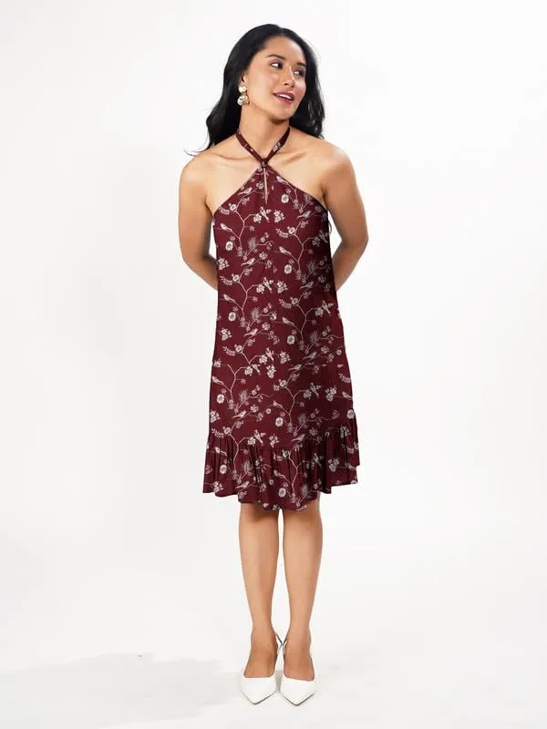 Zink London Women's Printed Tie Up Neck Short Dress Maroon