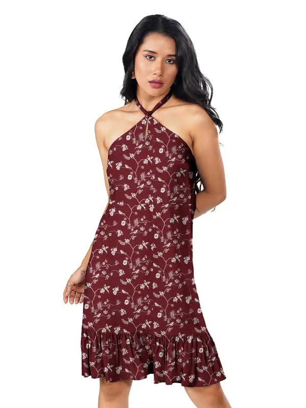 Zink London Women's Printed Tie Up Neck Short Dress Maroon